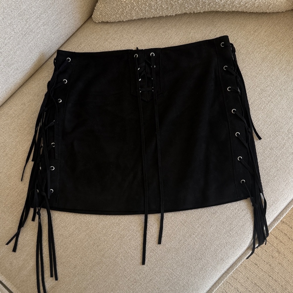 Black Fringe Lace-Up Faux Skirt